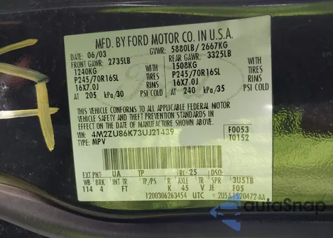 2003 Mercury Mountaineer из США, поврежденный, VIN 4M2ZU86K73UJ21439